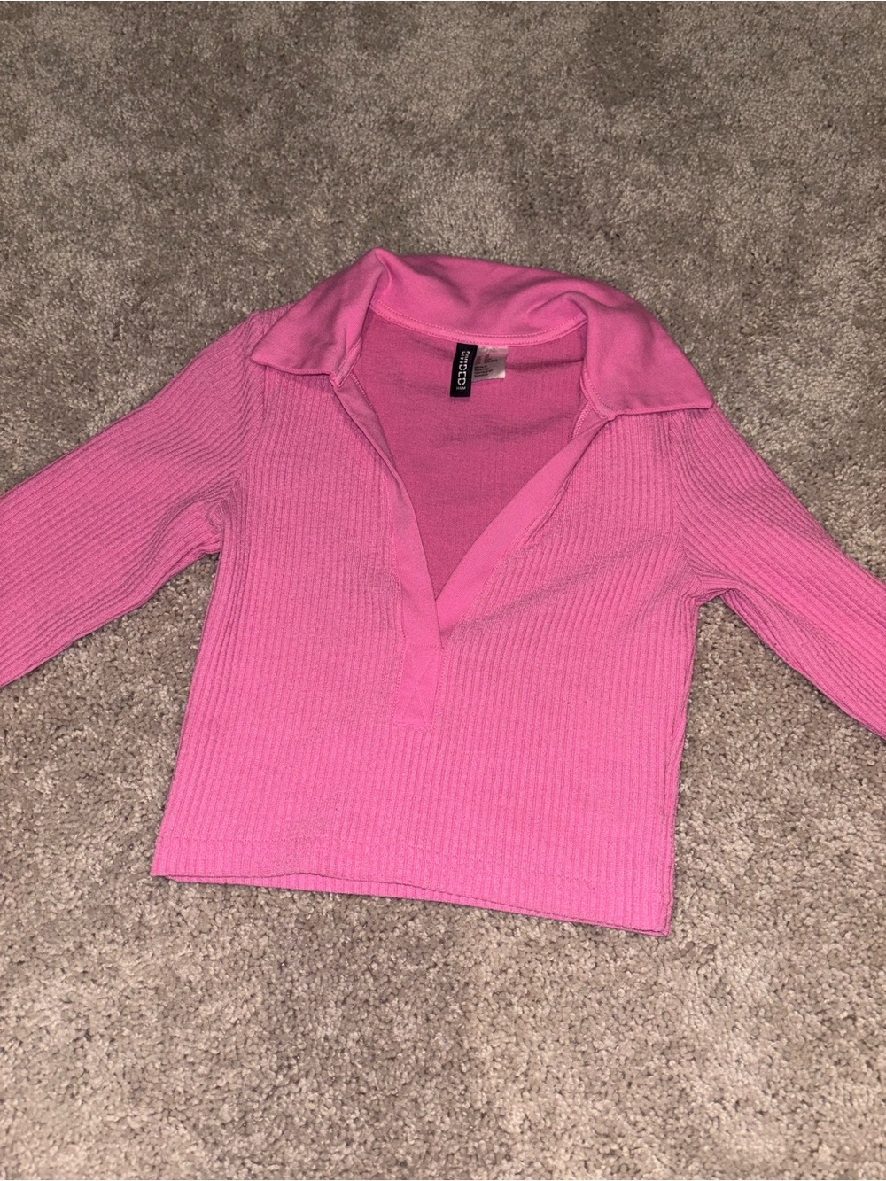Divided H&M Ribbed Long Sleeve Cropped Polo Shirt V-Neck Bubblegum Pink XS